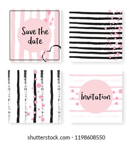Wedding invitation set with glitter confetti and stripes. Pink hearts and dots on black and pink background. Design with wedding invitation set for party, event, bridal shower, save the date card.