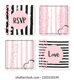 Wedding invitation set with glitter confetti and stripes. Pink hearts and dots on black and pink background. Template with wedding invitation set for party, event, bridal shower, save the date card.