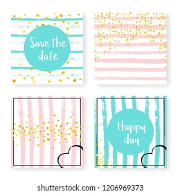 Wedding invitation set with glitter confetti and stripes. Gold hearts and dots on pink and mint background. Design with wedding invitation set for party, event, bridal shower, save the date card.