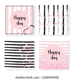 Wedding invitation set with glitter confetti and stripes. Pink hearts and dots on black and pink background. Design with wedding invitation set for party, event, bridal shower, save the date card.