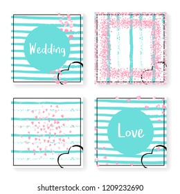 Wedding invitation set with glitter confetti and stripes. Pink hearts and dots on mint and white background. Template with wedding invitation set for party, event, bridal shower, save the date card.