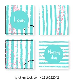 Wedding invitation set with glitter confetti and stripes. Pink hearts and dots on mint and white background. Design with wedding invitation set for party, event, bridal shower, save the date card.