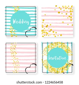 Wedding invitation set with glitter confetti and stripes. Gold hearts and dots on pink and mint background. Design with wedding invitation set for party, event, bridal shower, save the date card.
