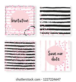 Wedding invitation set with glitter confetti and stripes. Pink hearts and dots on black and pink background. Design with wedding invitation set for party, event, bridal shower, save the date card.