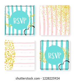 Wedding invitation set with glitter confetti and stripes. Gold hearts and dots on pink and mint background. Template with wedding invitation set for party, event, bridal shower, save the date card.