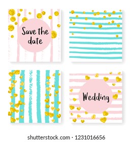 Wedding invitation set with glitter confetti and stripes. Gold hearts and dots on pink and mint background. Template with wedding invitation set for party, event, bridal shower, save the date card.