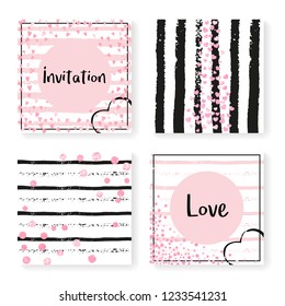 Wedding invitation set with glitter confetti and stripes. Pink hearts and dots on black and pink background. Template with wedding invitation set for party, event, bridal shower, save the date card.