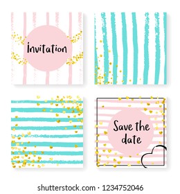 Wedding invitation set with glitter confetti and stripes. Gold hearts and dots on pink and mint background. Template with wedding invitation set for party, event, bridal shower, save the date card.
