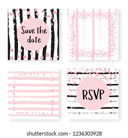 Wedding invitation set with glitter confetti and stripes. Pink hearts and dots on black and pink background. Design with wedding invitation set for party, event, bridal shower, save the date card.