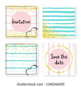Wedding invitation set with glitter confetti and stripes. Gold hearts and dots on pink and mint background. Design with wedding invitation set for party, event, bridal shower, save the date card.