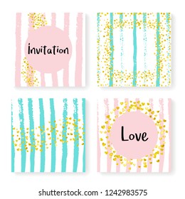 Wedding invitation set with glitter confetti and stripes. Gold hearts and dots on pink and mint background. Design with wedding invitation set for party, event, bridal shower, save the date card.