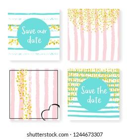 Wedding invitation set with glitter confetti and stripes. Gold hearts and dots on pink and mint background. Design with wedding invitation set for party, event, bridal shower, save the date card.