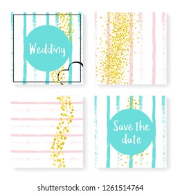 Wedding invitation set with glitter confetti and stripes. Gold hearts and dots on pink and mint background. Design with wedding invitation set for party, event, bridal shower, save the date card.