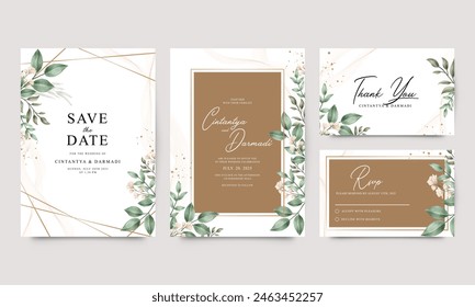 Wedding invitation set with gold geometric and watercolor floral