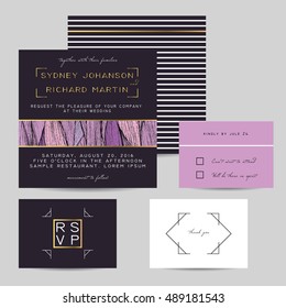 wedding invitation set with golden decor. beautiful lilac wavy ornament background