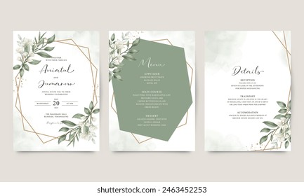 Wedding invitation set with green flowers and leaves