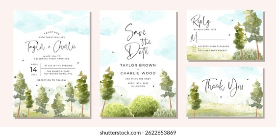 wedding invitation set with green landscape and blue sky watercolor