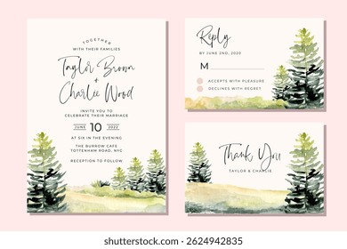 convite de casamento conjunto com paisagem verde colina e árvore aquarela