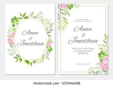 Wedding invitation set. Green leaves, rose flowers and geometric frame template. Floral background. Vector illustration.
