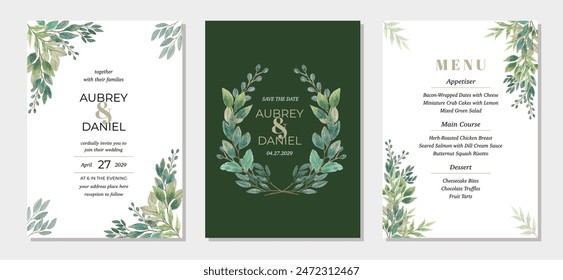 wedding invitation set with green leaves watercolor frame