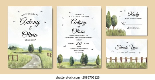Wedding invitation set of green nature landscape with road and garden fence watercolor