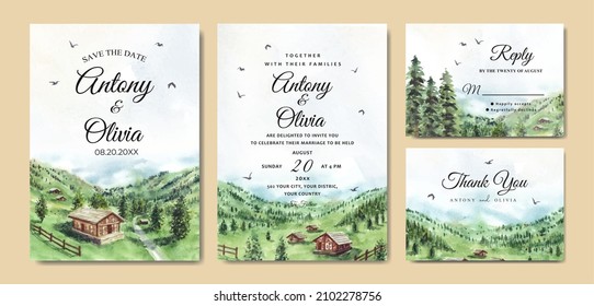 Wedding invitation set of green nature landscape with house watercolor