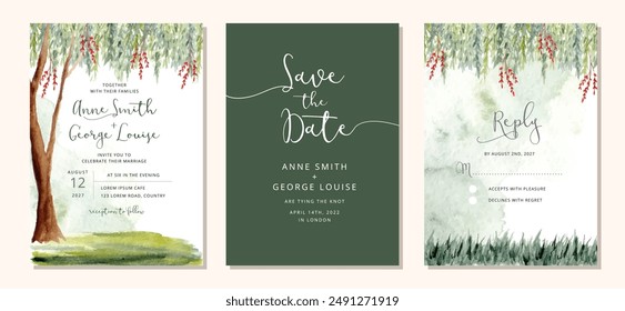 wedding invitation set with green watercolor landscape