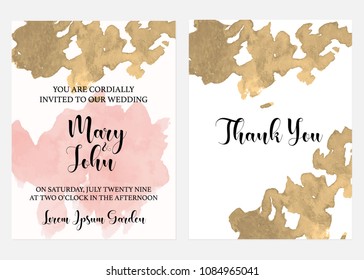 Wedding invitation set, hand drawn watercolor stains in trendy pink and gold colors.