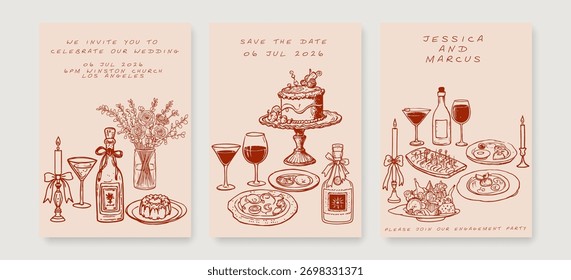 Conjunto de invitación de Boda Dibujado a mano Estilo Doodle de dibujo de tiza. Invitación de fiesta de Boda de Antiguas retro. Velas de Festiva, flores, botella de vino y copas de vino, pastel, comida. Ilustración vectorial