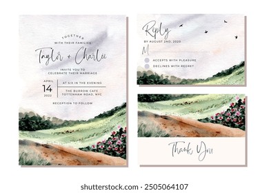 wedding invitation set with hill landscape watercolor background