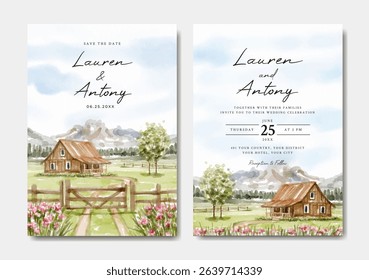 Wedding invitation set with house and wooden fence watercolor