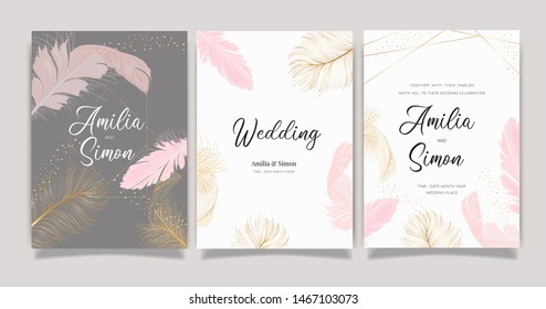 Wedding Invitation Set,  Invite Thank You, Rsvp Modern Card Design In Golden And Pink Feather  Decorative Vector Elegant Rustic Template