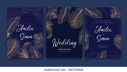 Wedding Invitation set,  invite thank you, rsvp modern card Design in Golden and blue Feather  decorative Vector elegant rustic template