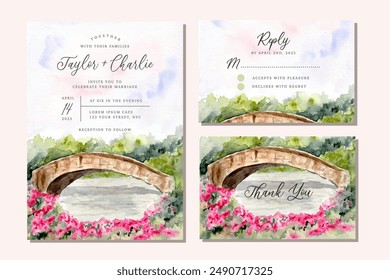 conjunto de invitación de boda con un puente del lago y jardín floral acuarela paisaje