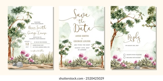 Conjunto de invitación de boda con árbol de paisaje y arbustos de flores Fondo de acuarela