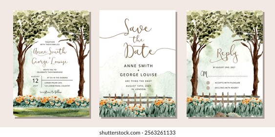 wedding invitation set with landscape trees and bushes watercolor background