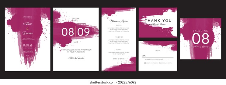 Wedding Invitation Set, magenta watercolor stroke invitation, thank you, rsvp. Elegant modern template vector, trendy cover, graphic poster, retro brochure, design template