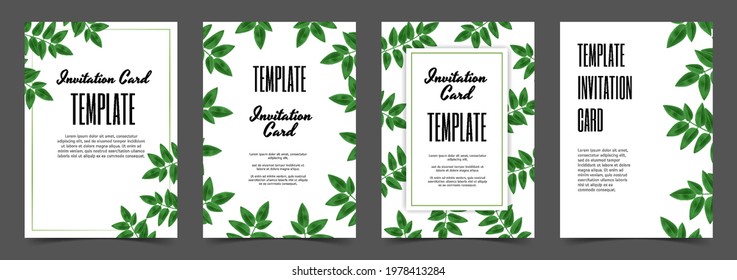 Wedding invitation set. Invitation menu. Greenery card design Forest branch green leaves leaves. Frame. Exotic botanical design for cosmetics, spa perfumes, health products, aromatic.