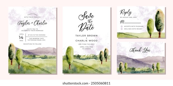 wedding invitation set with mountain dan hill landscape watercolor