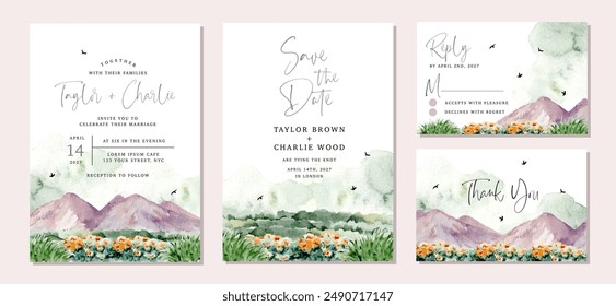 wedding invitation set with mountain and flower field watercolor landscape