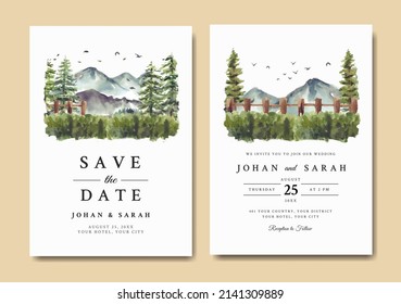 Wedding invitation set of mountain and pine trees watercolor