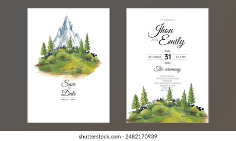 wedding invitation set with mountain view watercolor