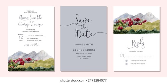 wedding invitation set with mountain view watercolor landscape