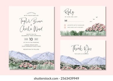 wedding invitation set with mountain view watercolor background