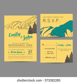 wedding invitation set with mountains and fir-tree. winter invitation card
