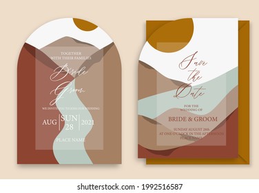Invitación a la boda con montañas, río y abeto