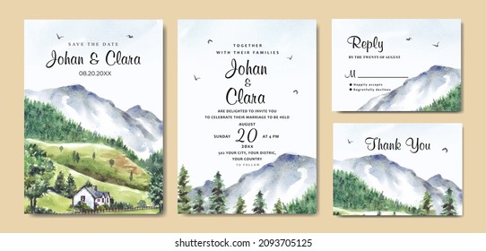 Wedding invitation set of nature landscape with house and mountain watercolor