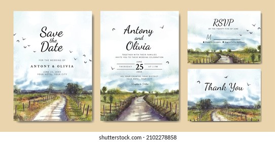Wedding invitation set of nature landscape with road and fence watercolor