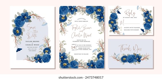 wedding invitation set with navy blue floral watercolor frame