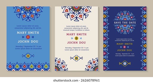 Wedding Invitation Set in Oriental style. Ethnic Greeting Template Background. Mandala Ornament 